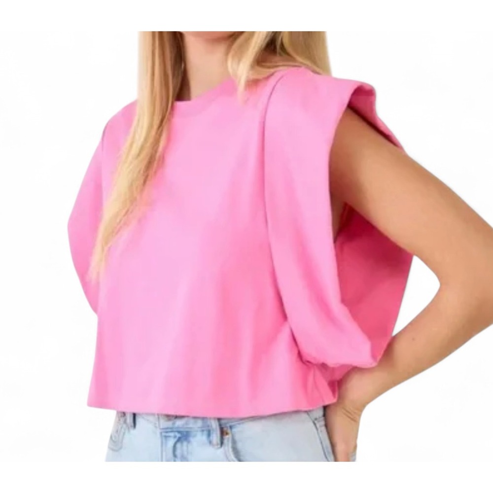 ENDLESS ROSE Bubblegum Pink DROP SHOULDER CROP TOP Unique Wide Sleeve Sides S